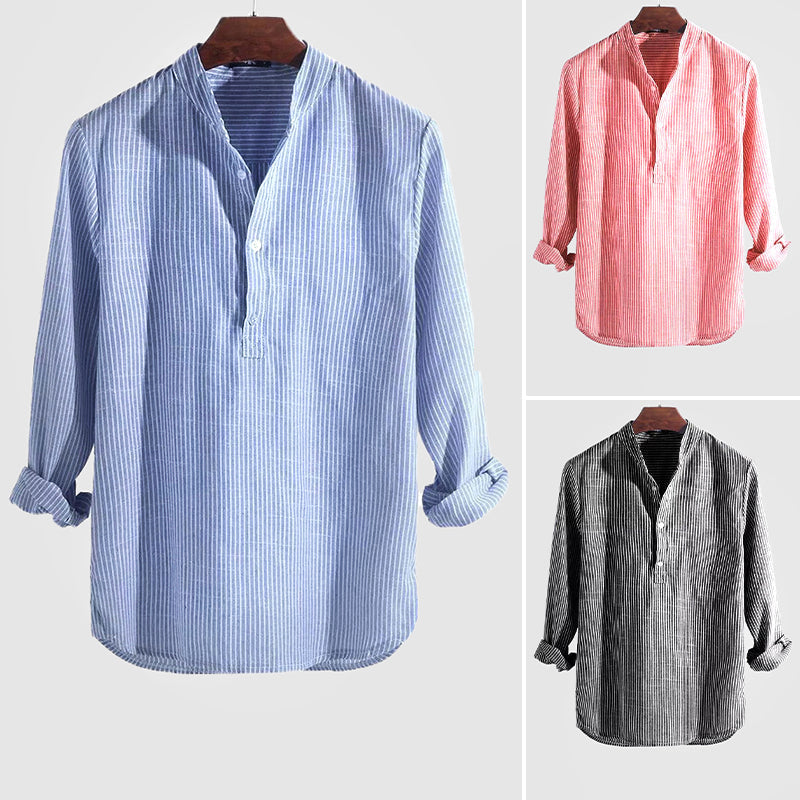 Herren Henley-Hemd Baumwoll-Leinen Streifen Langarm - Entspannte Passf