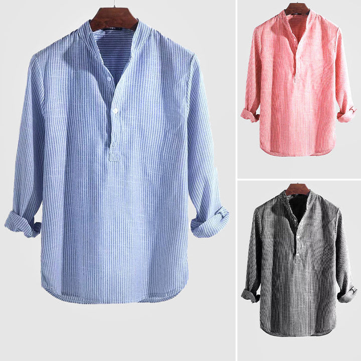 Herren Henley-Hemd Baumwoll-Leinen Streifen Langarm - Entspannte Passf