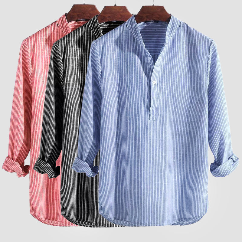 Herren Henley-Hemd Baumwoll-Leinen Streifen Langarm - Entspannte Passf
