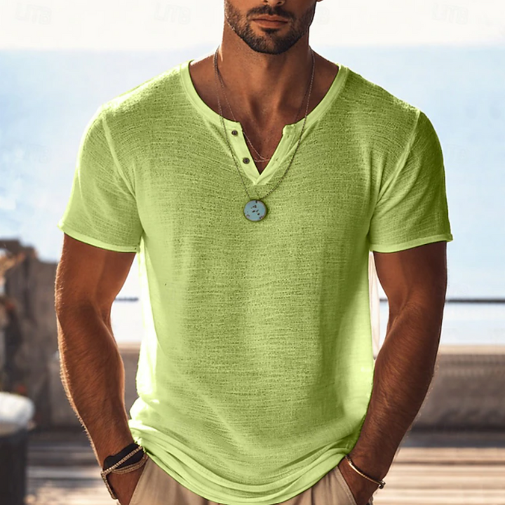 Herren Henley V-Ausschnitt Kurzarm T-Shirt - Strukturierter Sommerstil - Gelbgrün