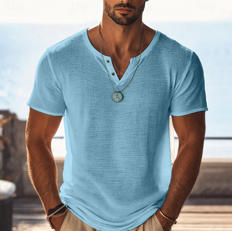 Herren Henley V-Ausschnitt Kurzarm T-Shirt - Strukturierter Sommerstil - Hellblau