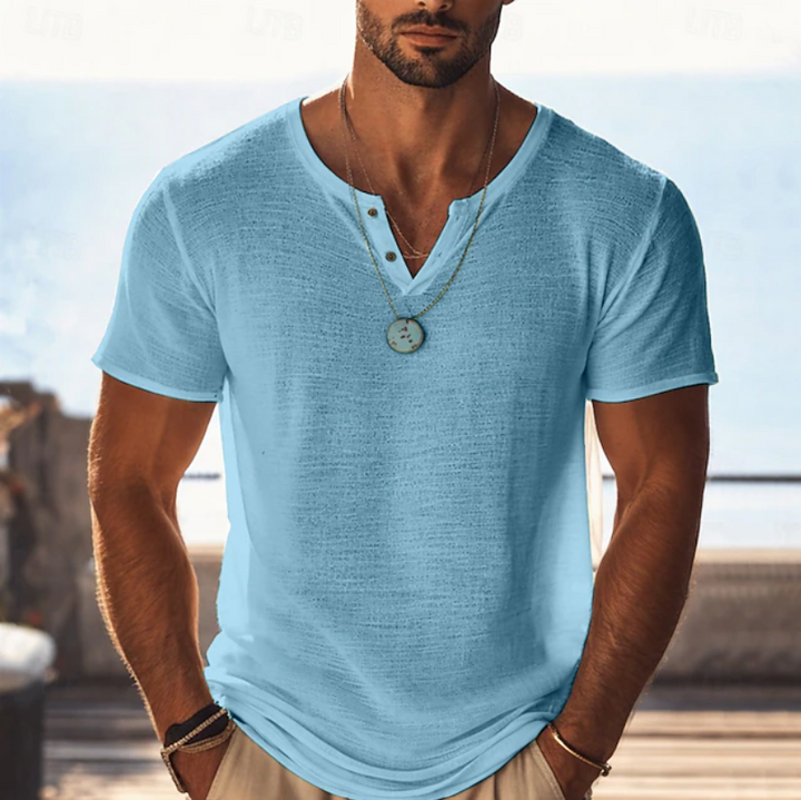 Herren Henley V-Ausschnitt Kurzarm T-Shirt - Strukturierter Sommerstil - Hellblau