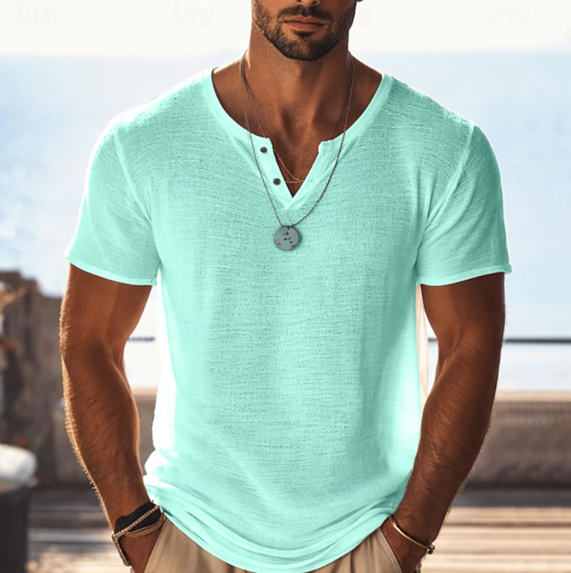 Herren Henley V-Ausschnitt Kurzarm T-Shirt - Strukturierter Sommerstil - Hellgrün