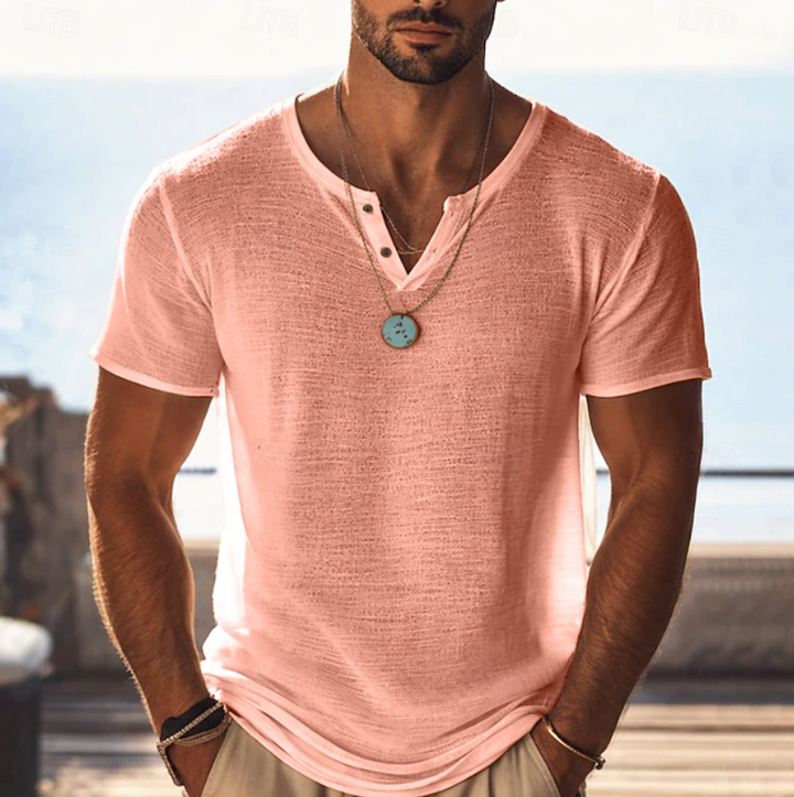Herren Henley V-Ausschnitt Kurzarm T-Shirt - Strukturierter Sommerstil - Orange