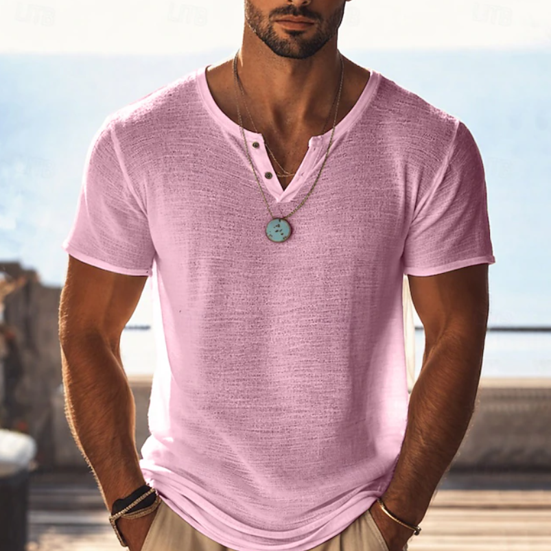 Herren Henley V-Ausschnitt Kurzarm T-Shirt - Strukturierter Sommerstil - Rosa