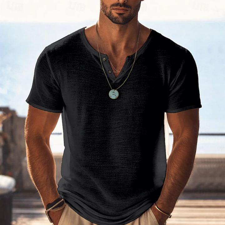 Herren Henley V-Ausschnitt Kurzarm T-Shirt - Strukturierter Sommerstil - Schwarz