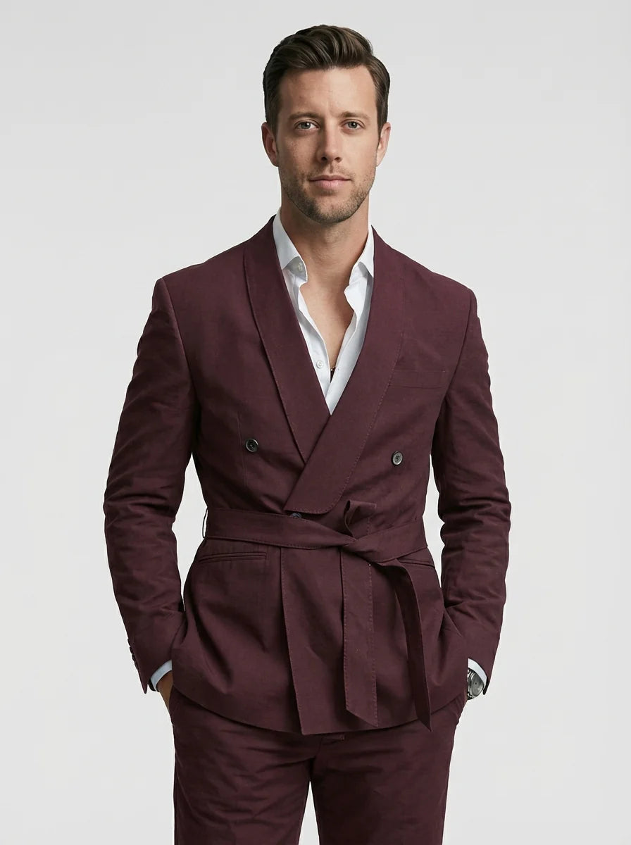 Herren Hochzeitsanzug mit Gürtel - Slim Fit Dreiteiler - Burgunderrot