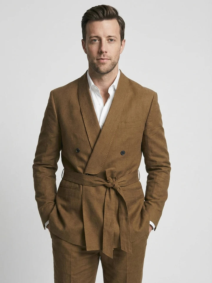 Herren Hochzeitsanzug mit Gürtel - Slim Fit Dreiteiler - Hellbraun