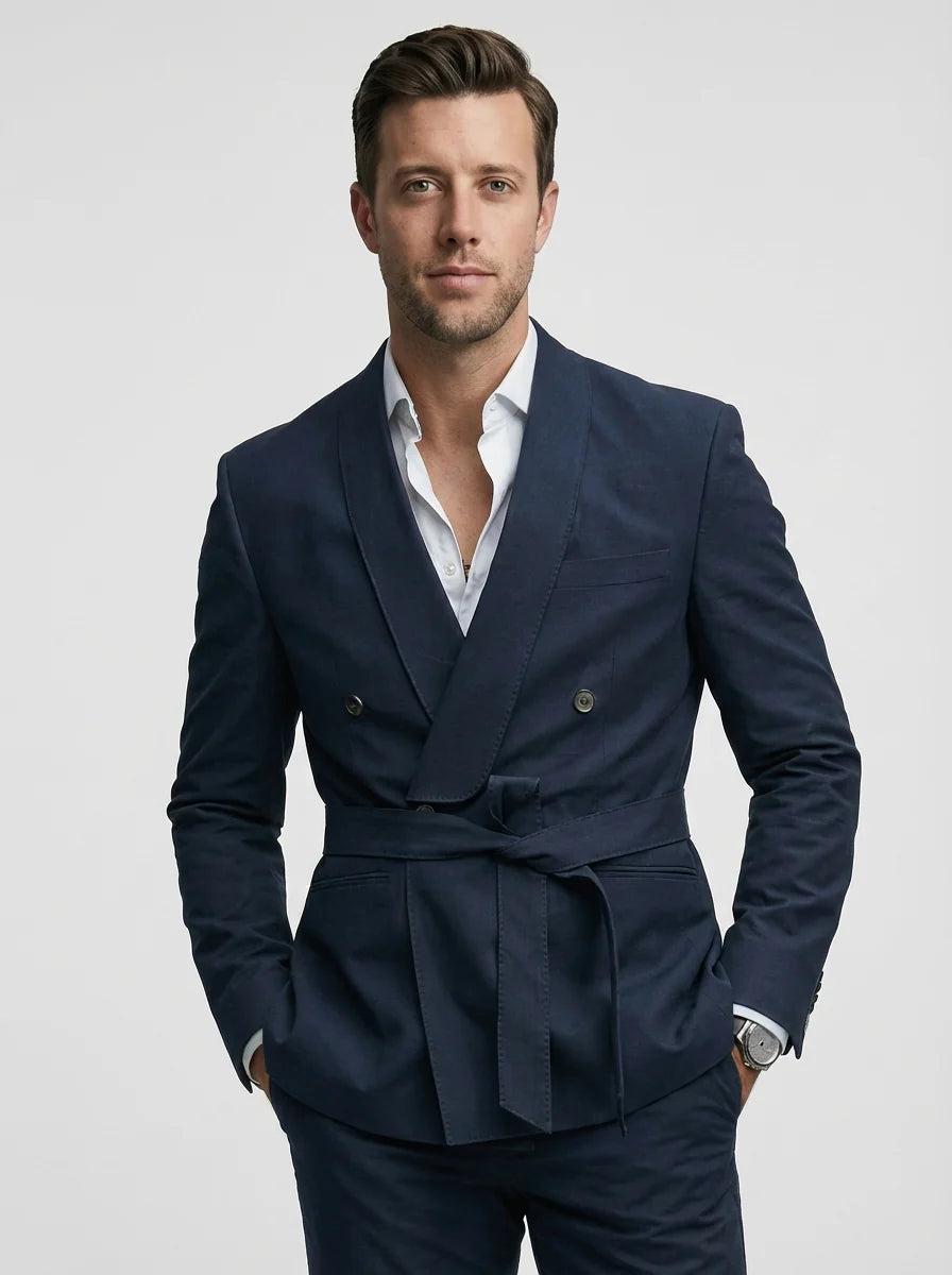 Herren Hochzeitsanzug mit Gürtel - Slim Fit Dreiteiler - Marineblau