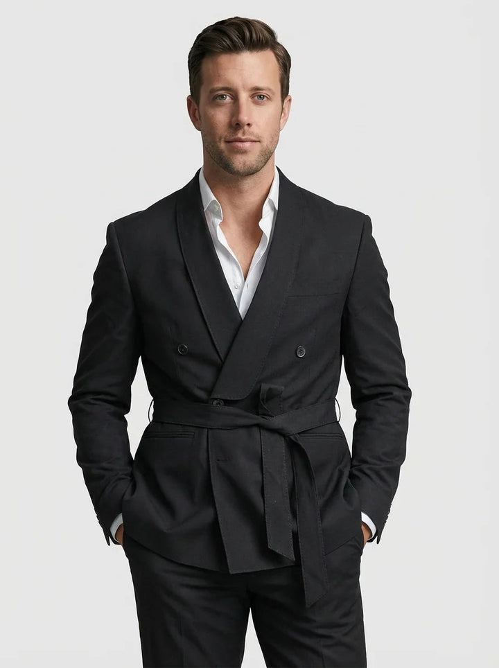 Herren Hochzeitsanzug mit Gürtel - Slim Fit Dreiteiler - Schwarz