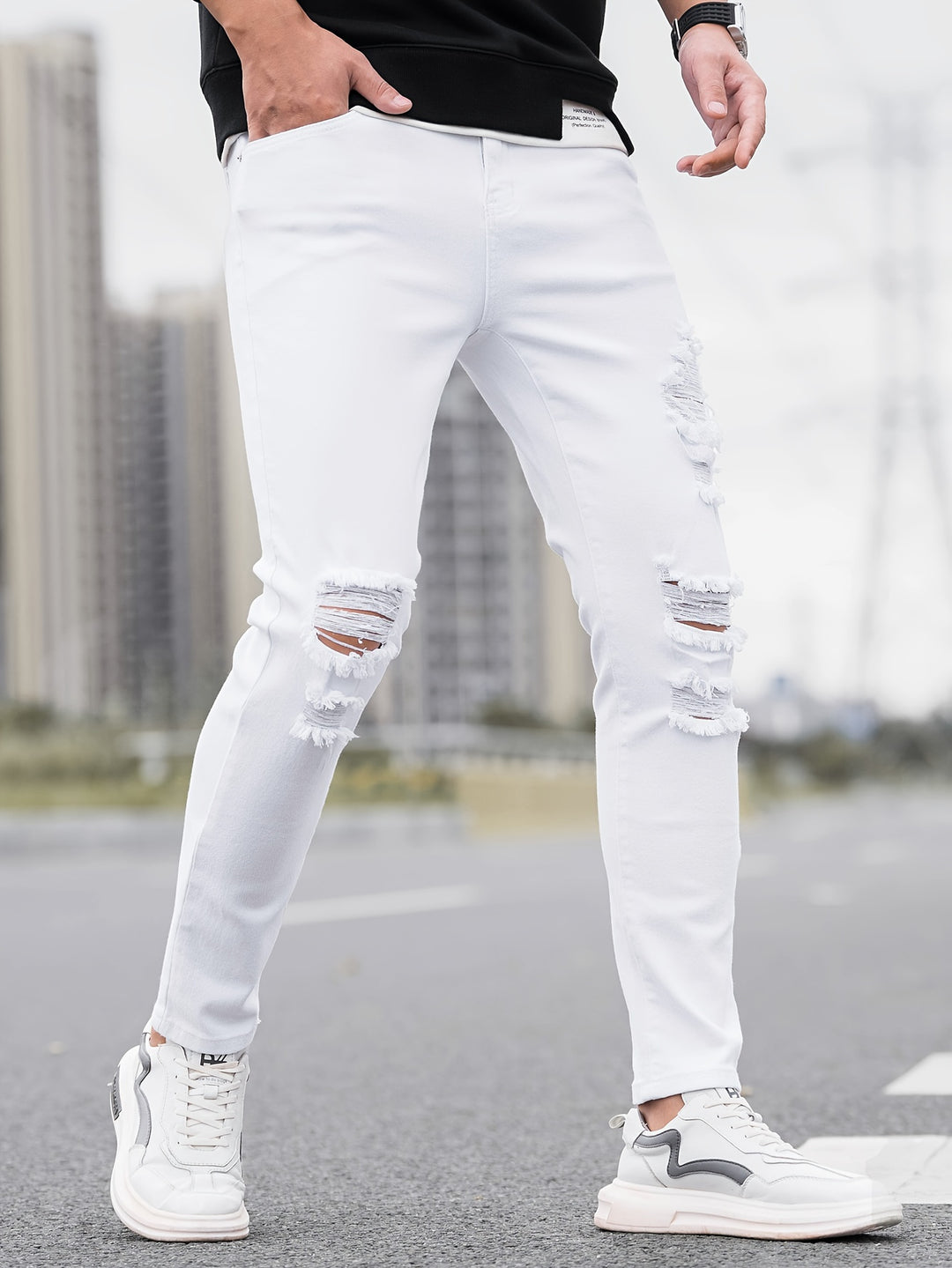 Herren Jeans | Skinny Fit | Stretch Denim | Verwaschenes Weiß & Schwarze Akzente