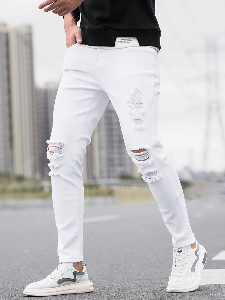 Herren Jeans | Skinny Fit | Stretch Denim | Verwaschenes Weiß & Schwarze Akzente