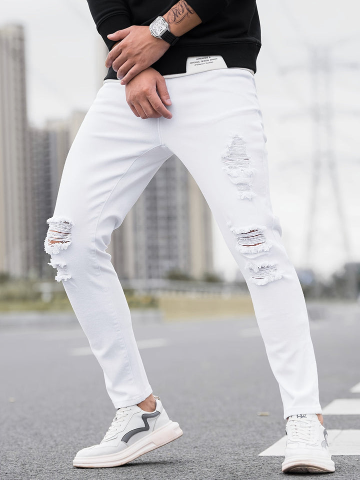 Herren Jeans | Skinny Fit | Stretch Denim | Verwaschenes Weiß & Schwarze Akzente