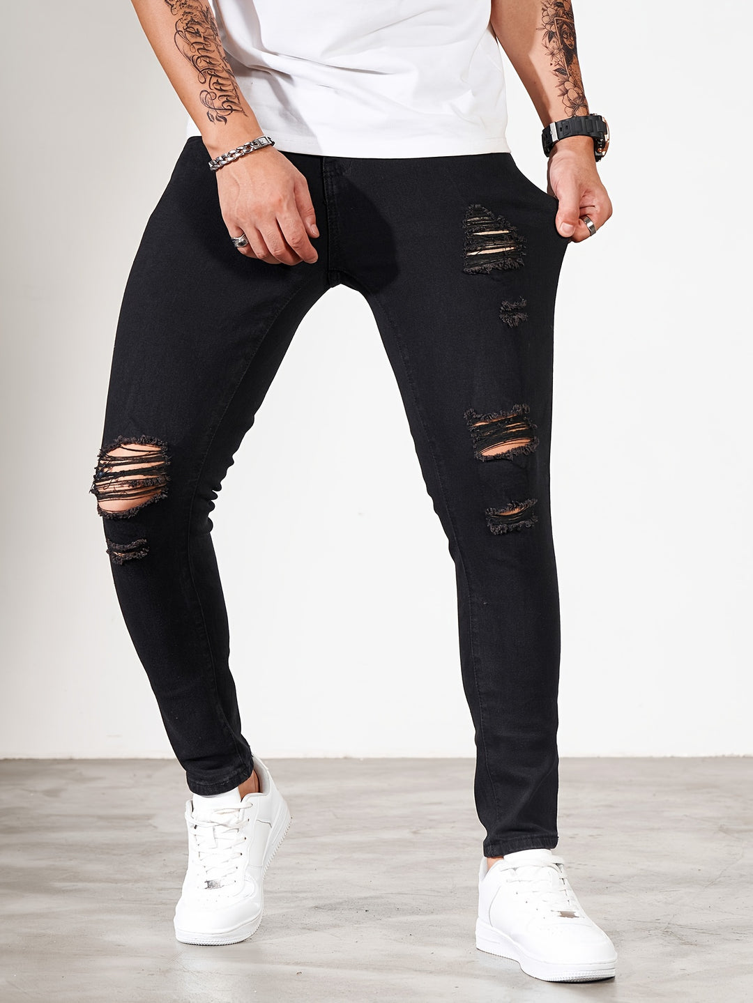 Herren Jeans | Skinny Fit | Stretch Denim | Verwaschenes Weiß & Schwarze Akzente