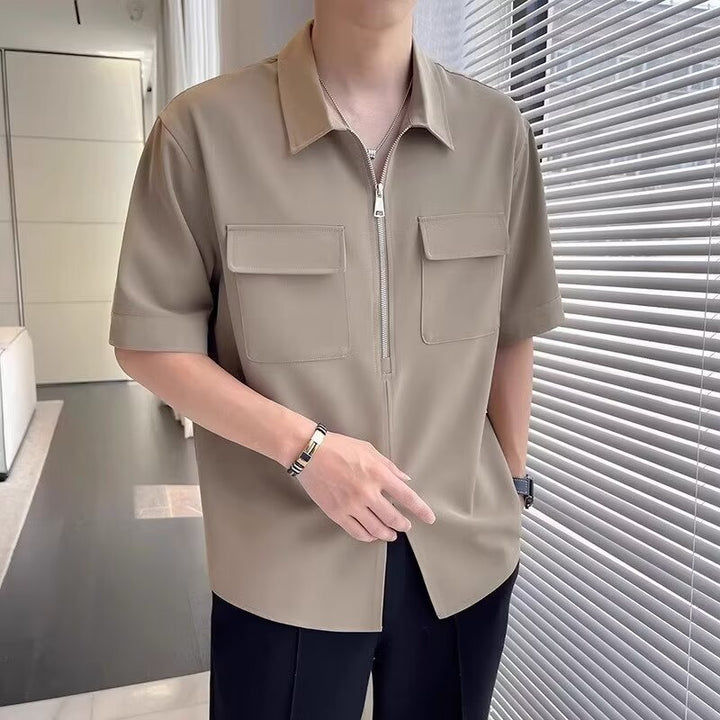 Herren Kurzarm Hemd mit Reißverschluss - Casual Stil - Khaki