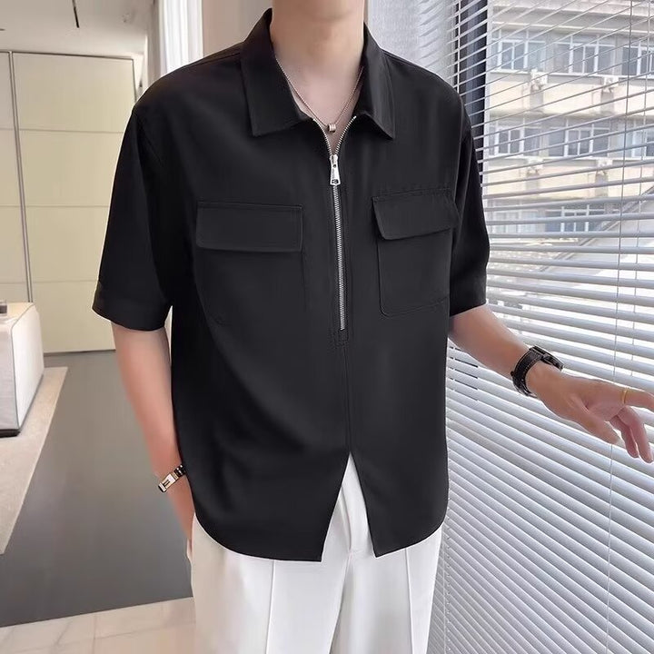 Herren Kurzarm Hemd mit Reißverschluss - Casual Stil - Schwarz