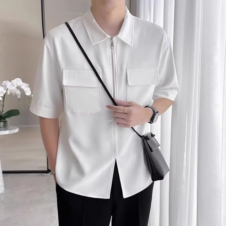 Herren Kurzarm Hemd mit Reißverschluss - Casual Stil - Weiß