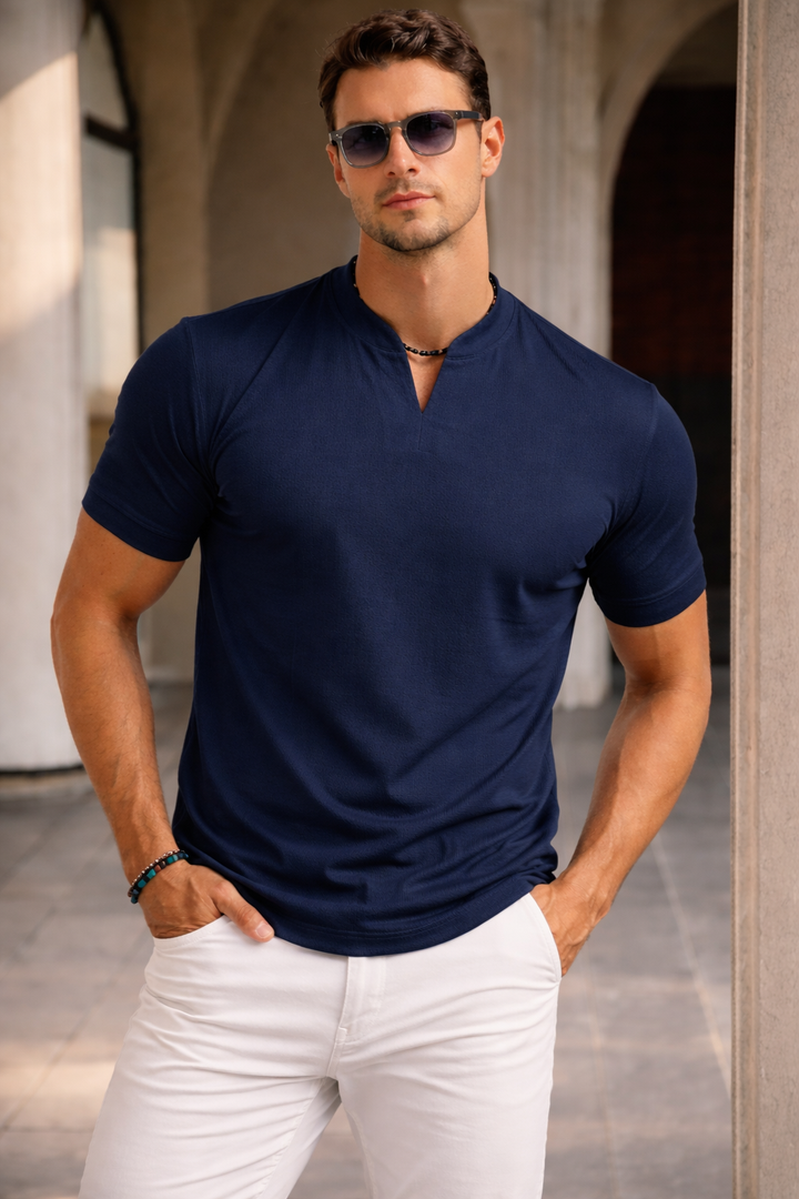 Herren Kurzarm V-Ausschnitt Sommerhemd - Schlanke Passform - Marineblau