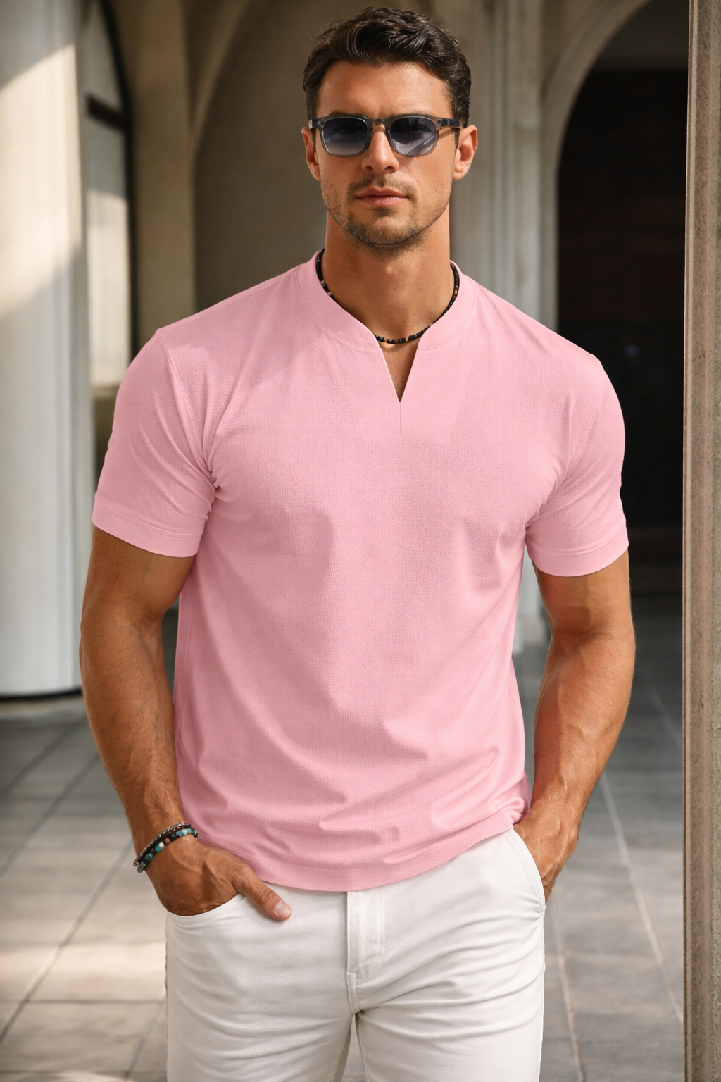 Herren Kurzarm V-Ausschnitt Sommerhemd - Schlanke Passform - Rosa