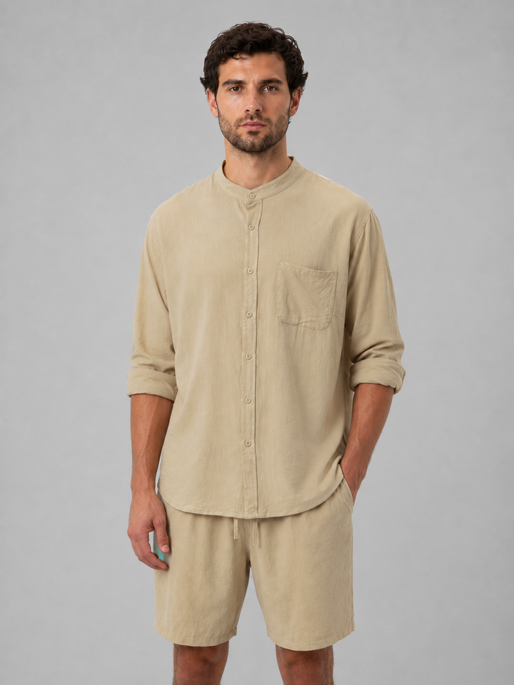 Herren Leinen-Look Hemd und Shorts Set – Entspannter Sommerlook - Beige
