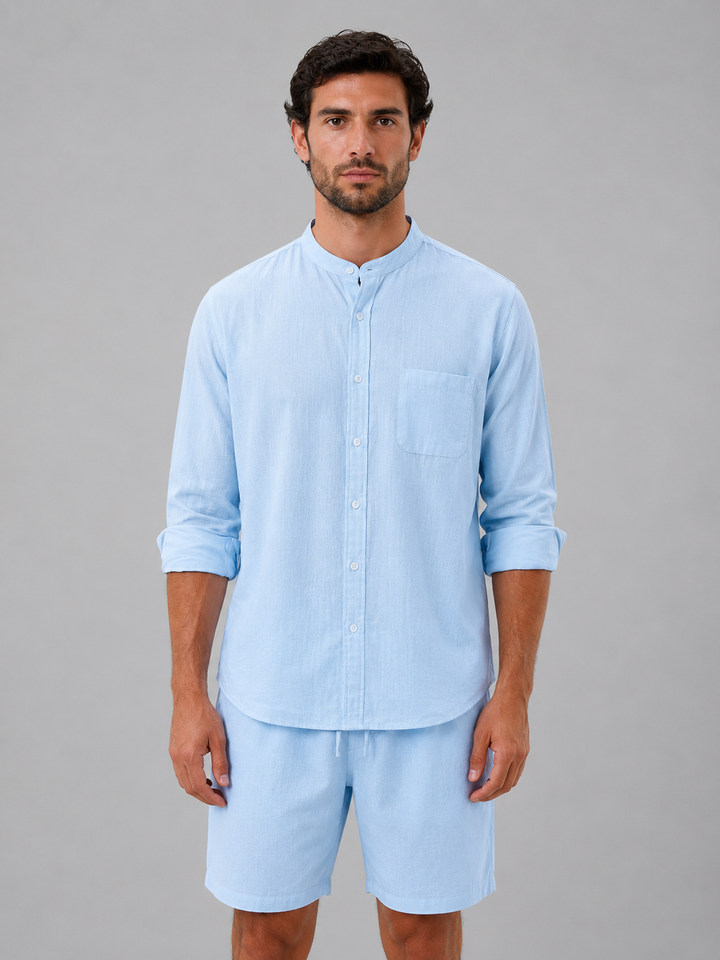 Herren Leinen-Look Hemd und Shorts Set – Entspannter Sommerlook - Hellblau