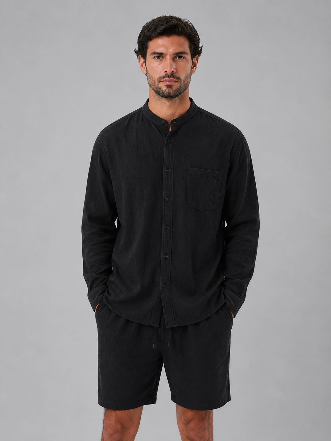 Herren Leinen-Look Hemd und Shorts Set – Entspannter Sommerlook - Schwarz