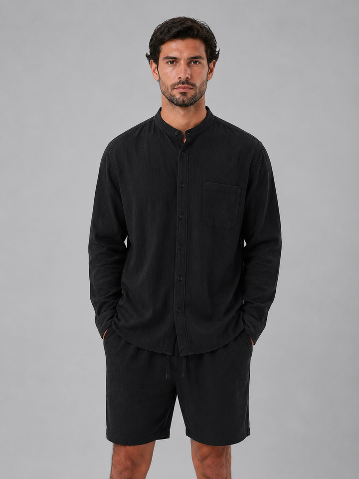 Herren Leinen-Look Hemd und Shorts Set – Entspannter Sommerlook - Schwarz