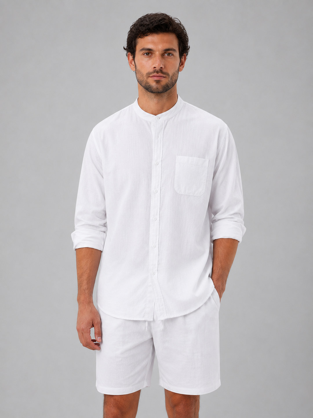Herren Leinen-Look Hemd und Shorts Set – Entspannter Sommerlook - Weiß