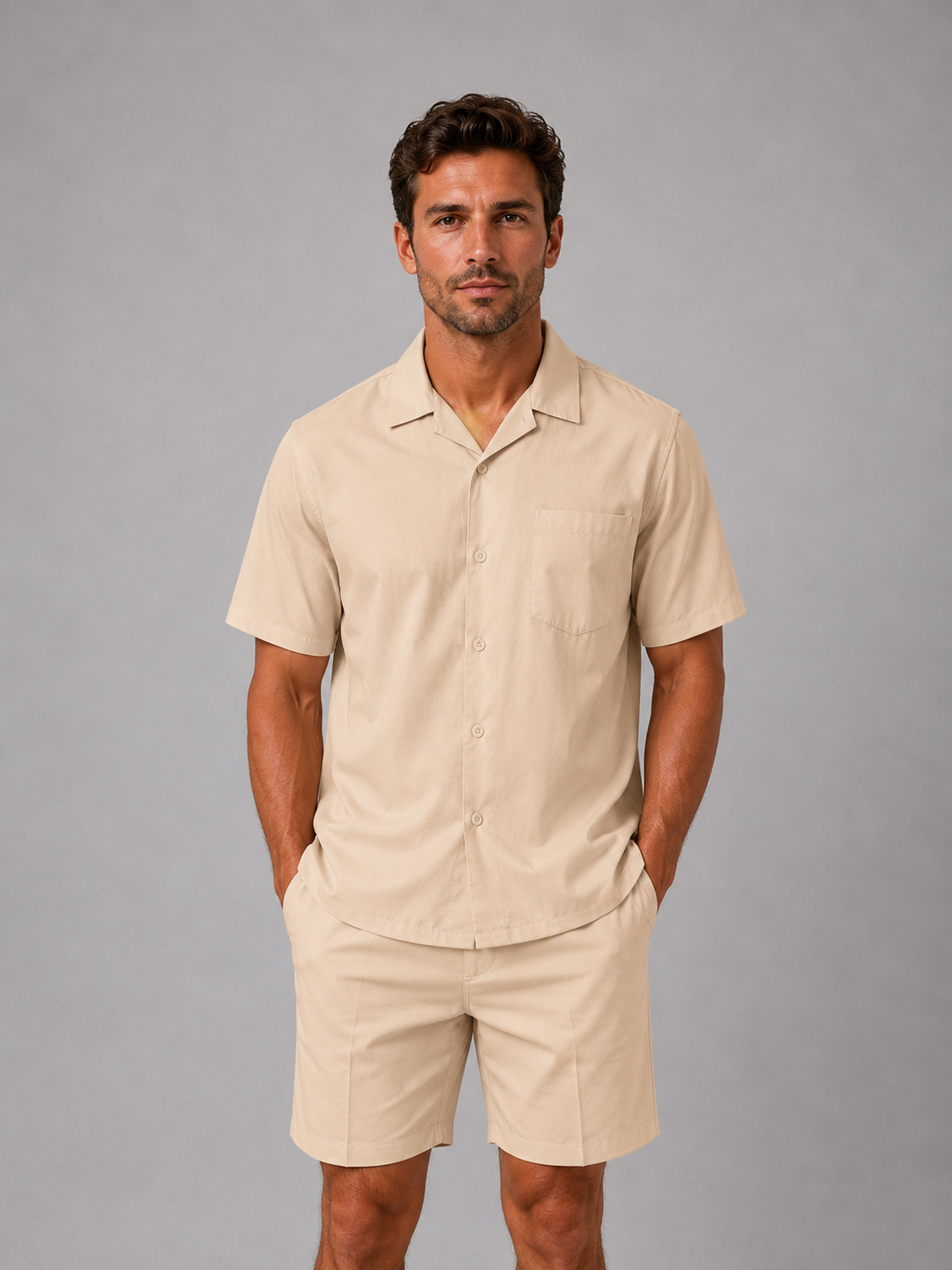 Herren Leinen-Look Set - Hemd &amp; Shorts Sommerkollektion - Khaki