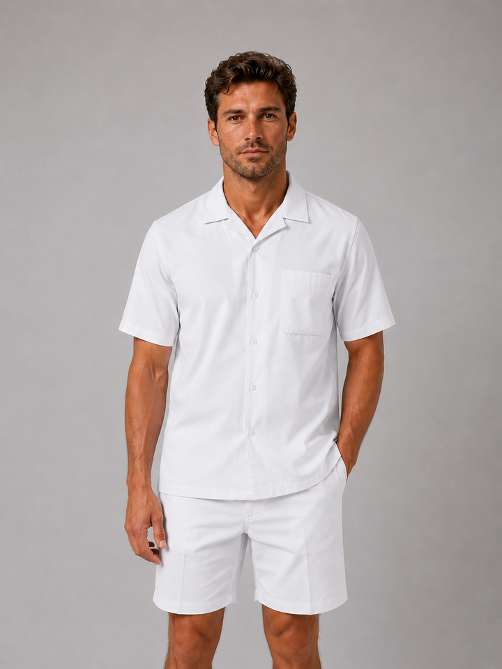 Herren Leinen-Look Set - Hemd &amp; Shorts Sommerkollektion - Weiß
