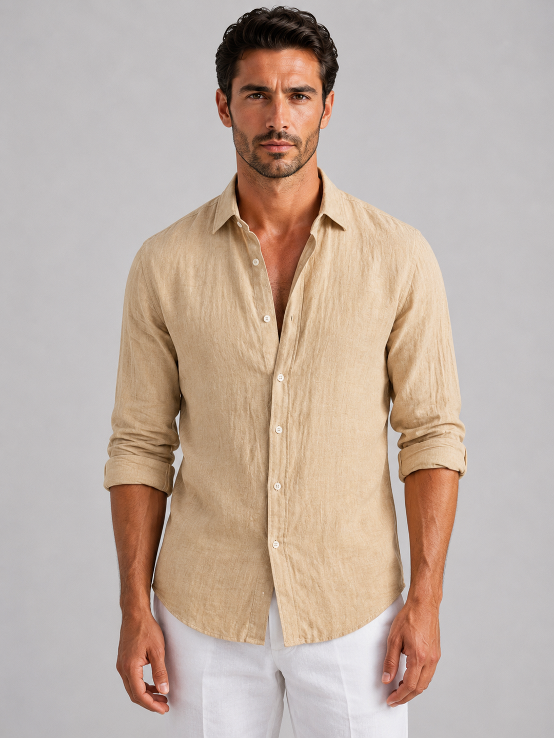 Herren Leinen-Optik Sommerhemd - Entspannte Passform - Beige