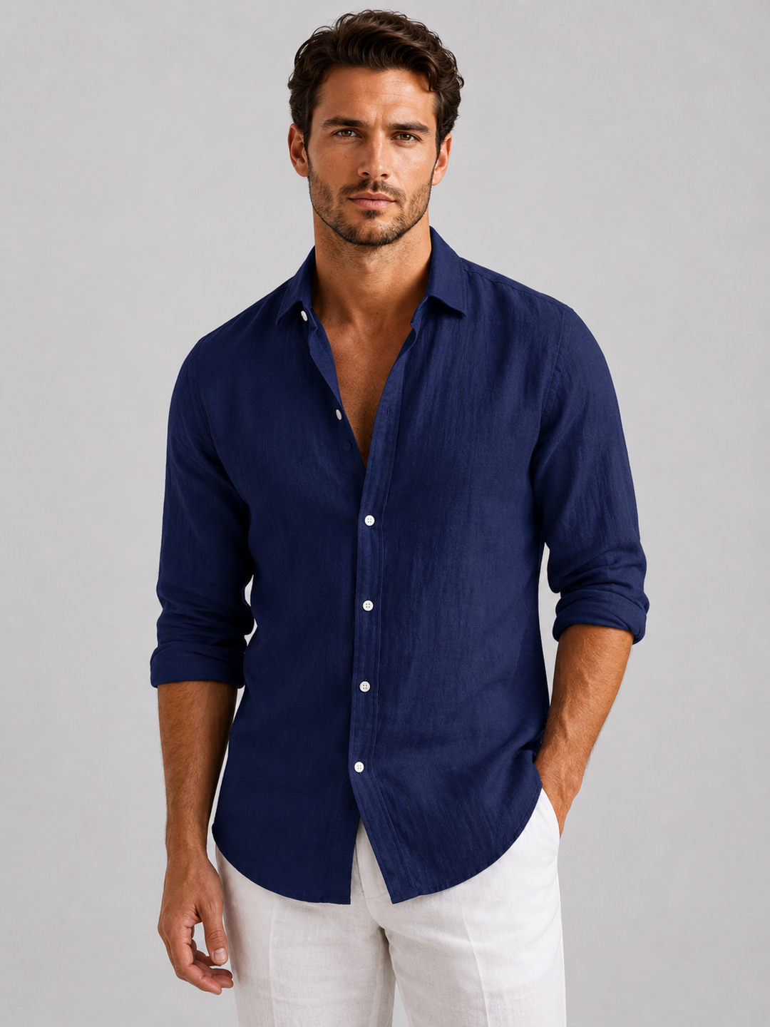 Herren Leinen-Optik Sommerhemd - Entspannte Passform - Marineblau