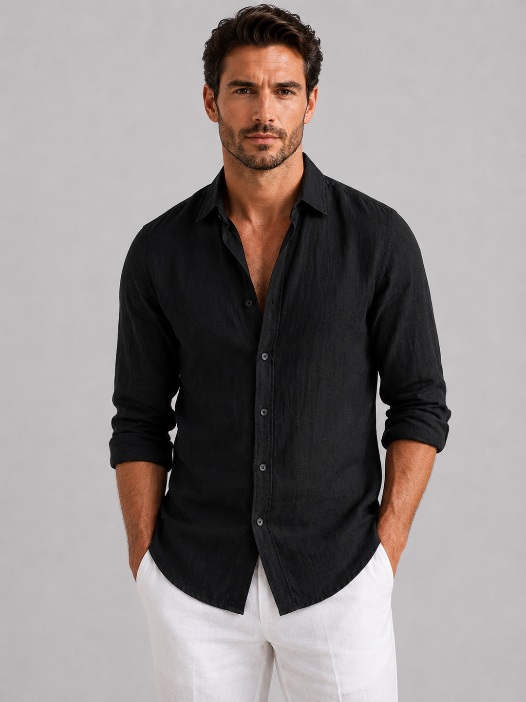 Herren Leinen-Optik Sommerhemd - Entspannte Passform - Schwarz