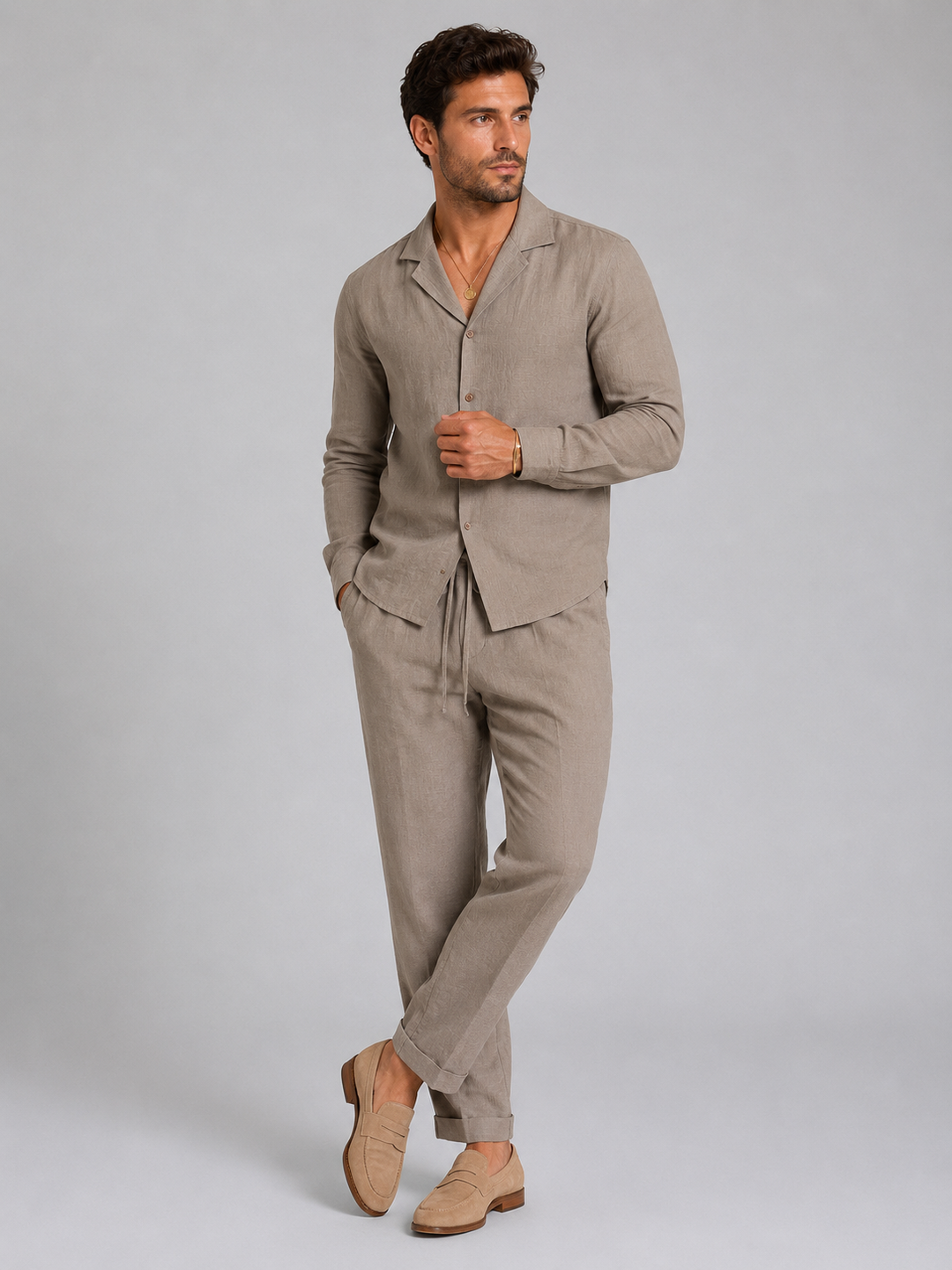 Herren Leinen-Set – Hemd und Hose mit entspanntem Schnitt - Khaki