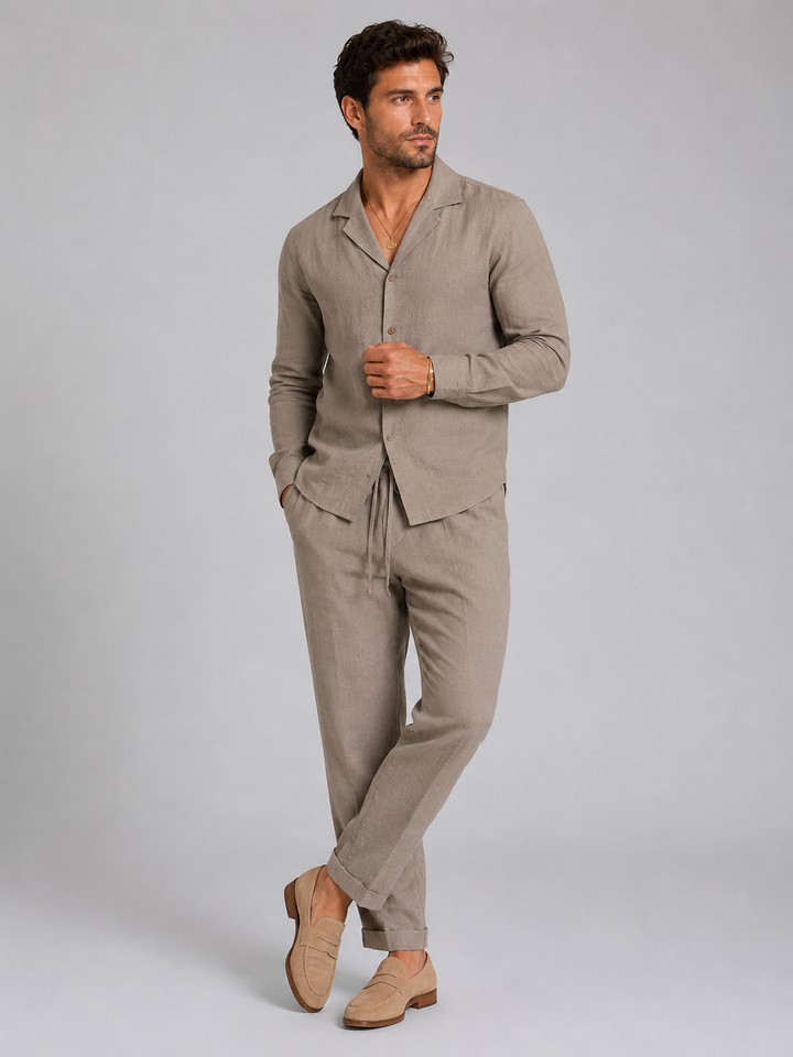 Herren Leinen-Set – Hemd und Hose mit entspanntem Schnitt - Khaki