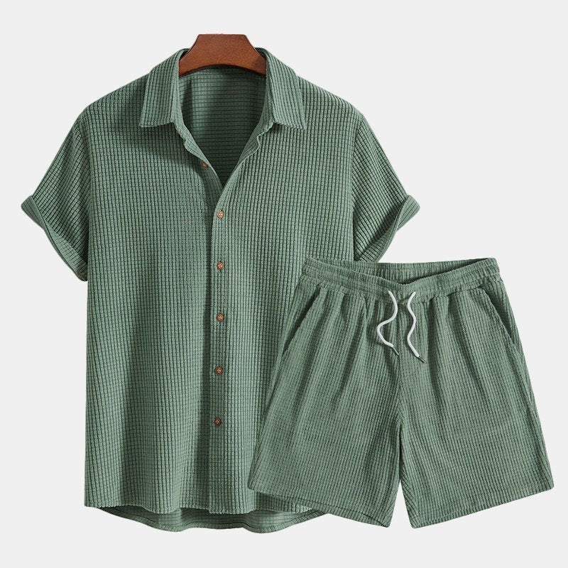 Herren Leinen-Shirt und Shorts Set - Sommerliches Freizeit-Outfit - Grün