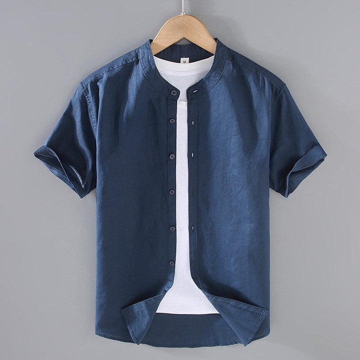 Herren Leinenhemd Kurzarm Stehkragen - Klassisch strukturiert - Marineblau
