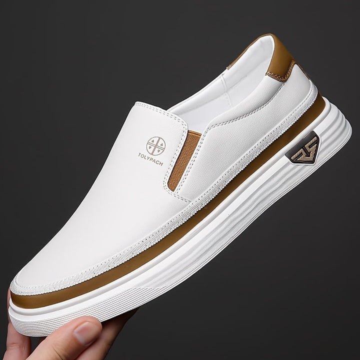 Herren Loafers | Slip-On & Dekorative Nähte | Antirutsch Gummisohle | Weiß mit Braunen & Goldenen Akzenten