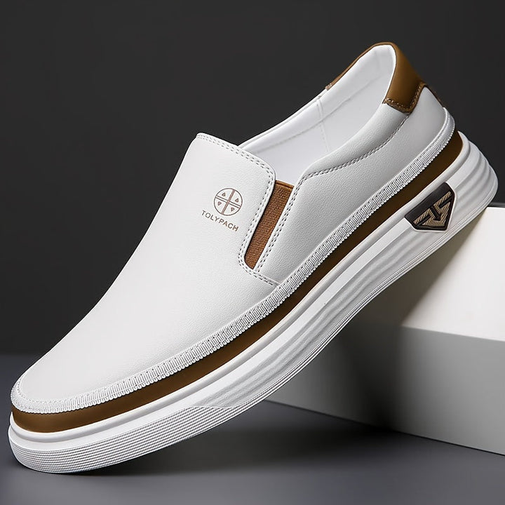 Herren Loafers | Slip-On & Dekorative Nähte | Antirutsch Gummisohle | Weiß mit Braunen & Goldenen Akzenten