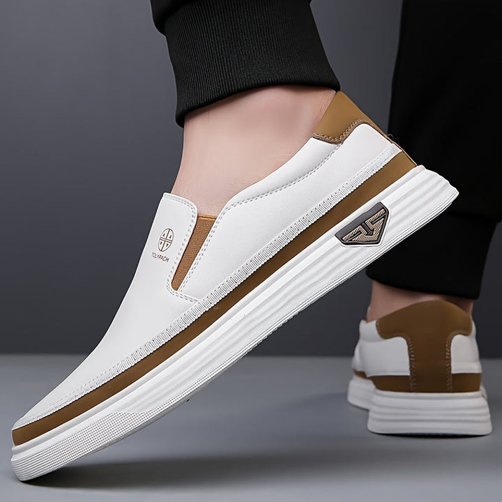 Herren Loafers | Slip-On & Dekorative Nähte | Antirutsch Gummisohle | Weiß mit Braunen & Goldenen Akzenten