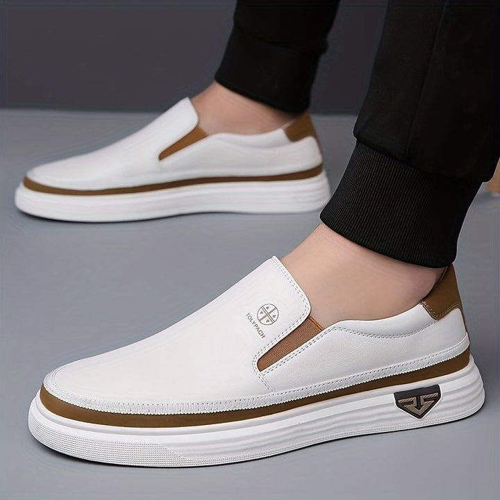 Herren Loafers | Slip-On & Dekorative Nähte | Antirutsch Gummisohle | Weiß mit Braunen & Goldenen Akzenten