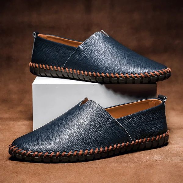 Herren Mokassin aus strukturiertem Leder - Klassischer Slip-On - Marineblau
