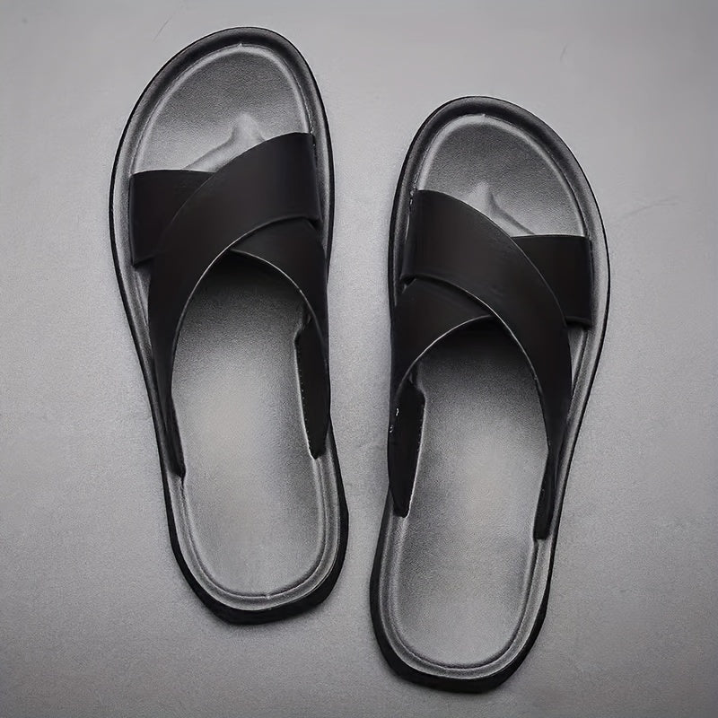 Herren Pantoffeln | Offene Zehen mit Kreuzriemen | PU & Rutschfeste Gummisohle | Leichter Sommerschuh