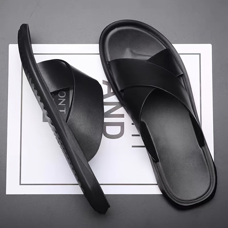 Herren Pantoffeln | Offene Zehen mit Kreuzriemen | PU & Rutschfeste Gummisohle | Leichter Sommerschuh