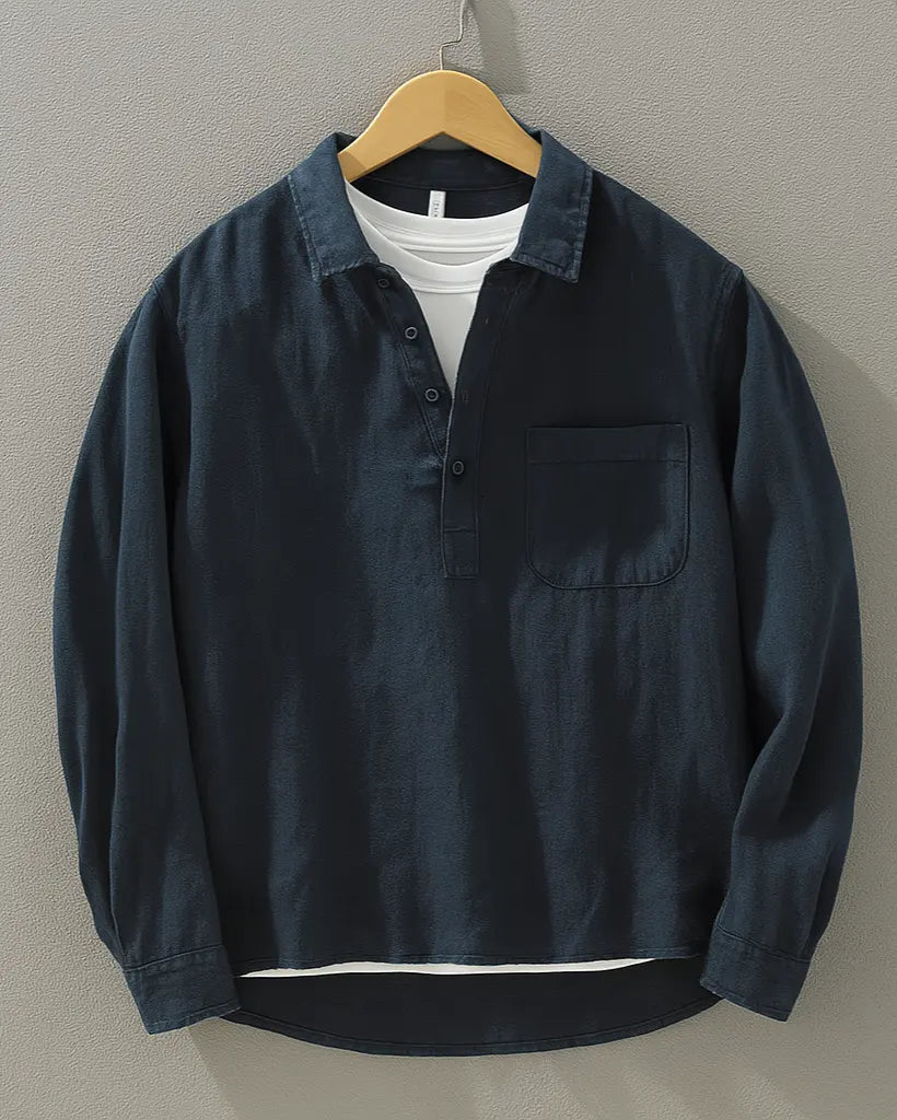Herren Popover Hemd Baumwoll-Leinen-Mix - Entspannte Passform - Marineblau