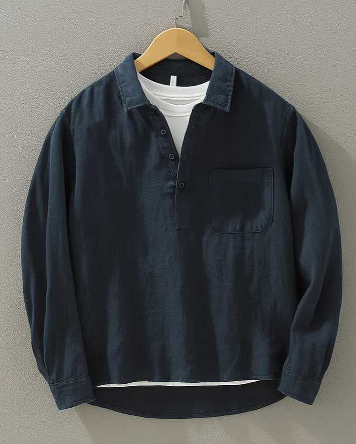 Herren Popover Hemd Baumwoll-Leinen-Mix - Entspannte Passform - Marineblau