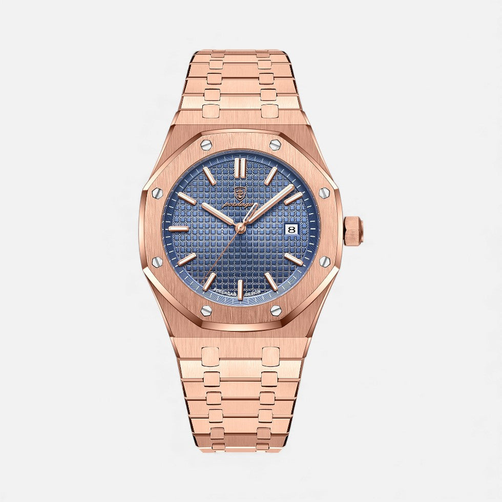 Herren Quarzuhr Edelstahl mit Datumanzeige - Klassisch - Rosa-Blau