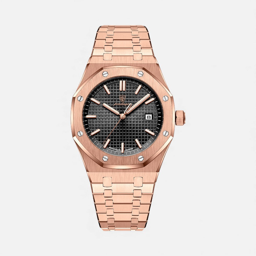 Herren Quarzuhr Edelstahl mit Datumanzeige - Klassisch - Rosa-Schwarz