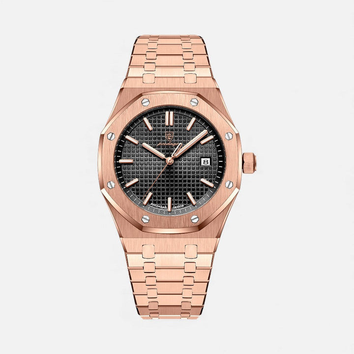 Herren Quarzuhr Edelstahl mit Datumanzeige - Klassisch - Rosa-Schwarz
