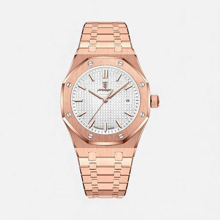Herren Quarzuhr Edelstahl mit Datumanzeige - Klassisch - Rosa-Weiß
